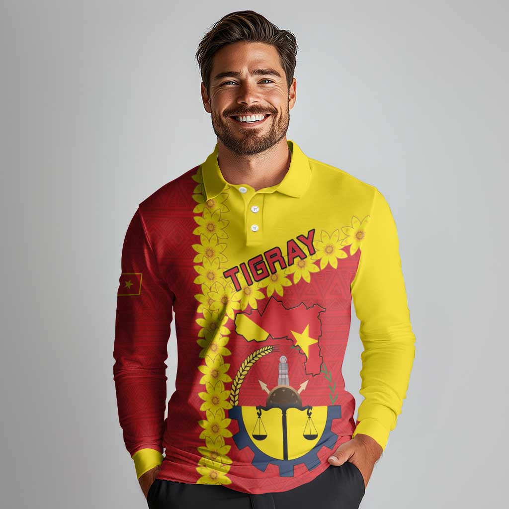 Tigray Region Long Sleeve Polo Shirt Tigray Emblem With Flag Map