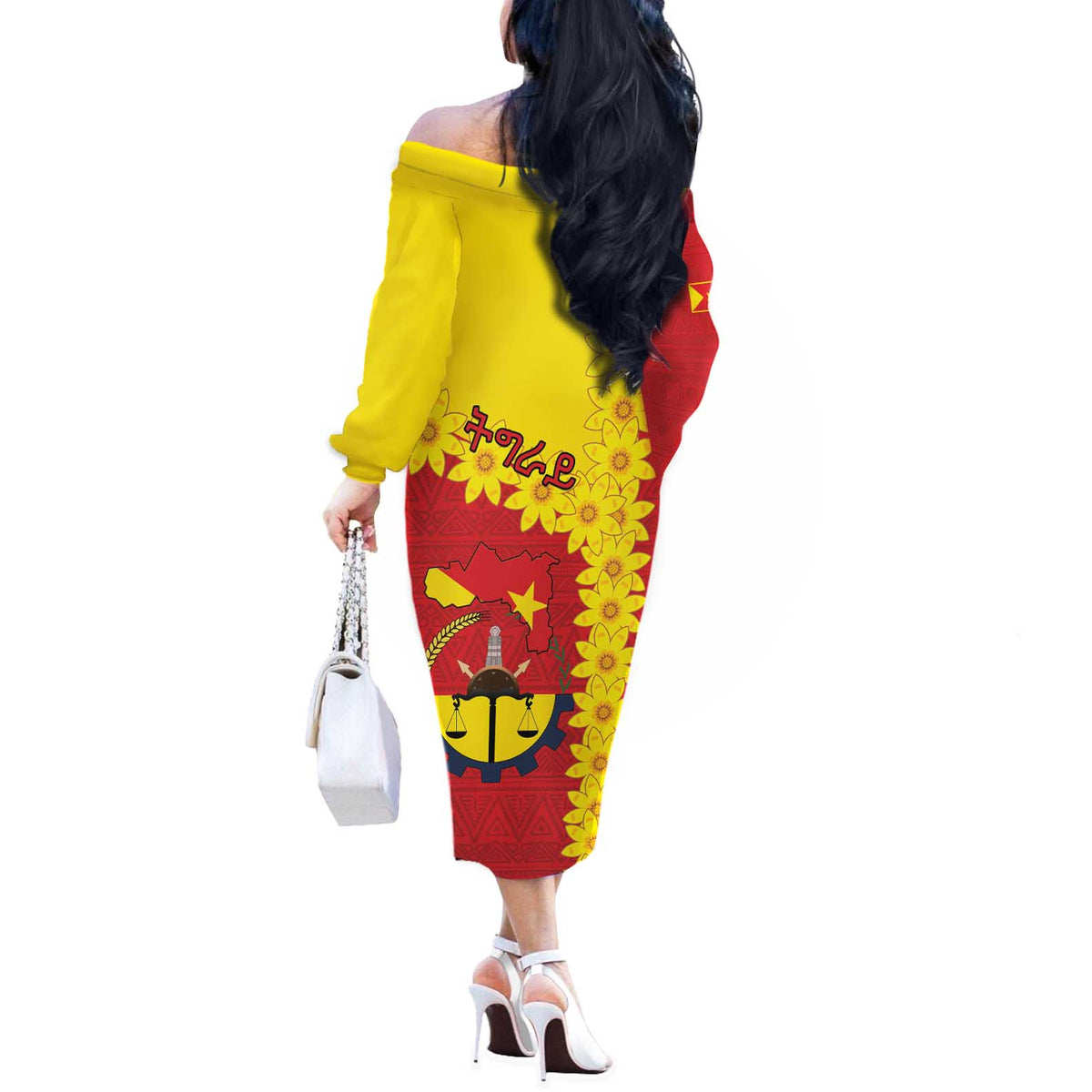 Tigray Region Off The Shoulder Long Sleeve Dress Tigray Emblem With Flag Map