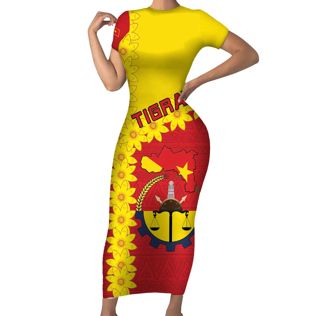 Tigray Region Short Sleeve Bodycon Dress Tigray Emblem With Flag Map