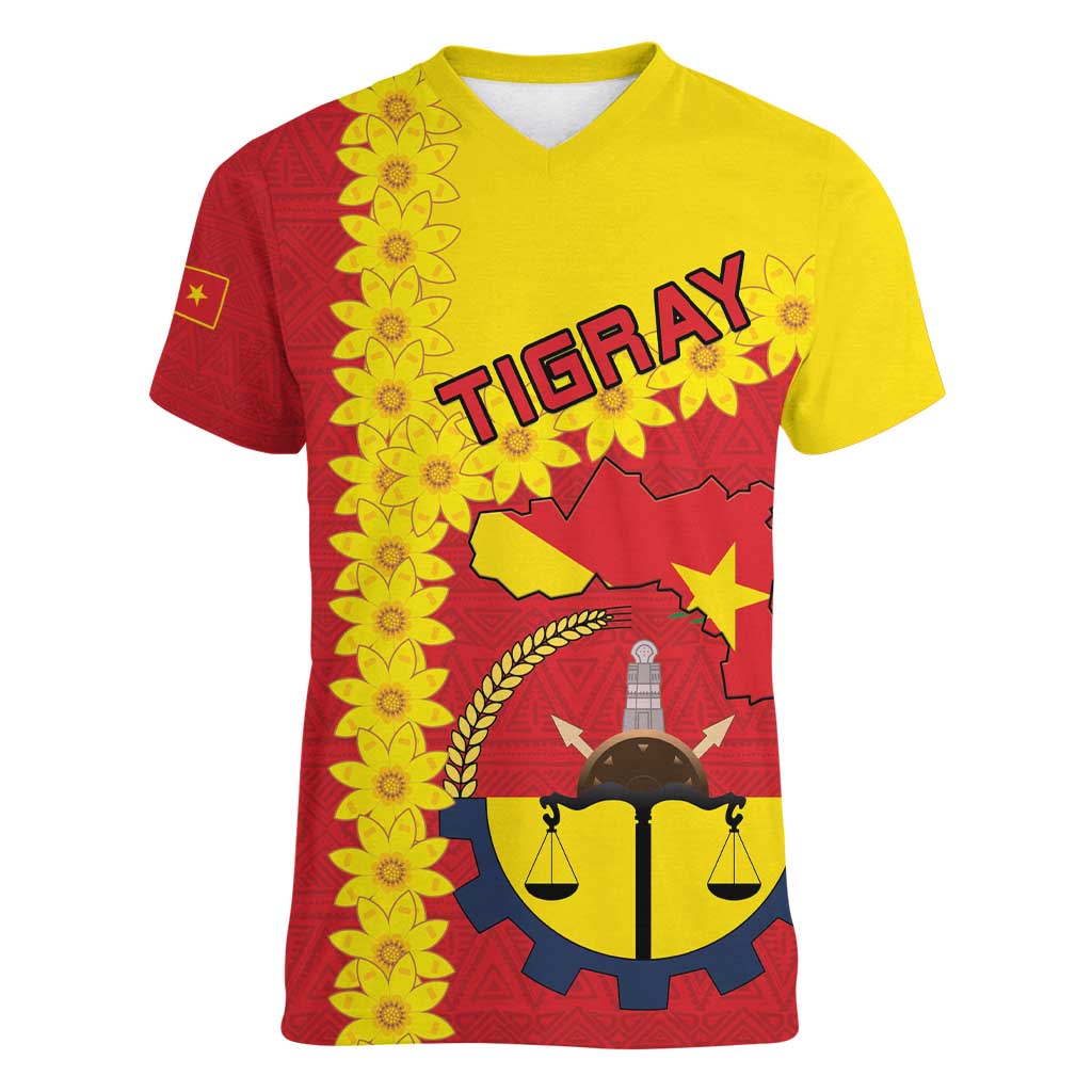 Tigray Region Women V-Neck T-Shirt Tigray Emblem With Flag Map
