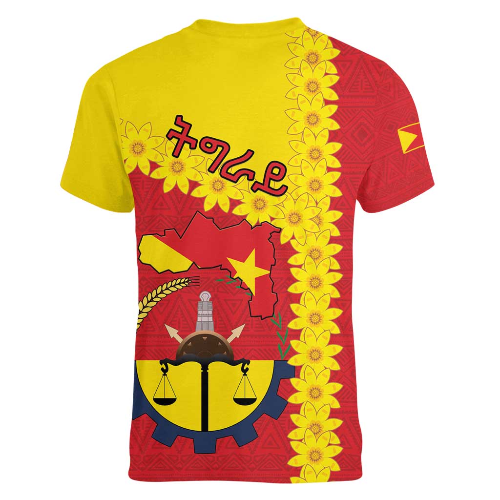 Tigray Region Women V-Neck T-Shirt Tigray Emblem With Flag Map