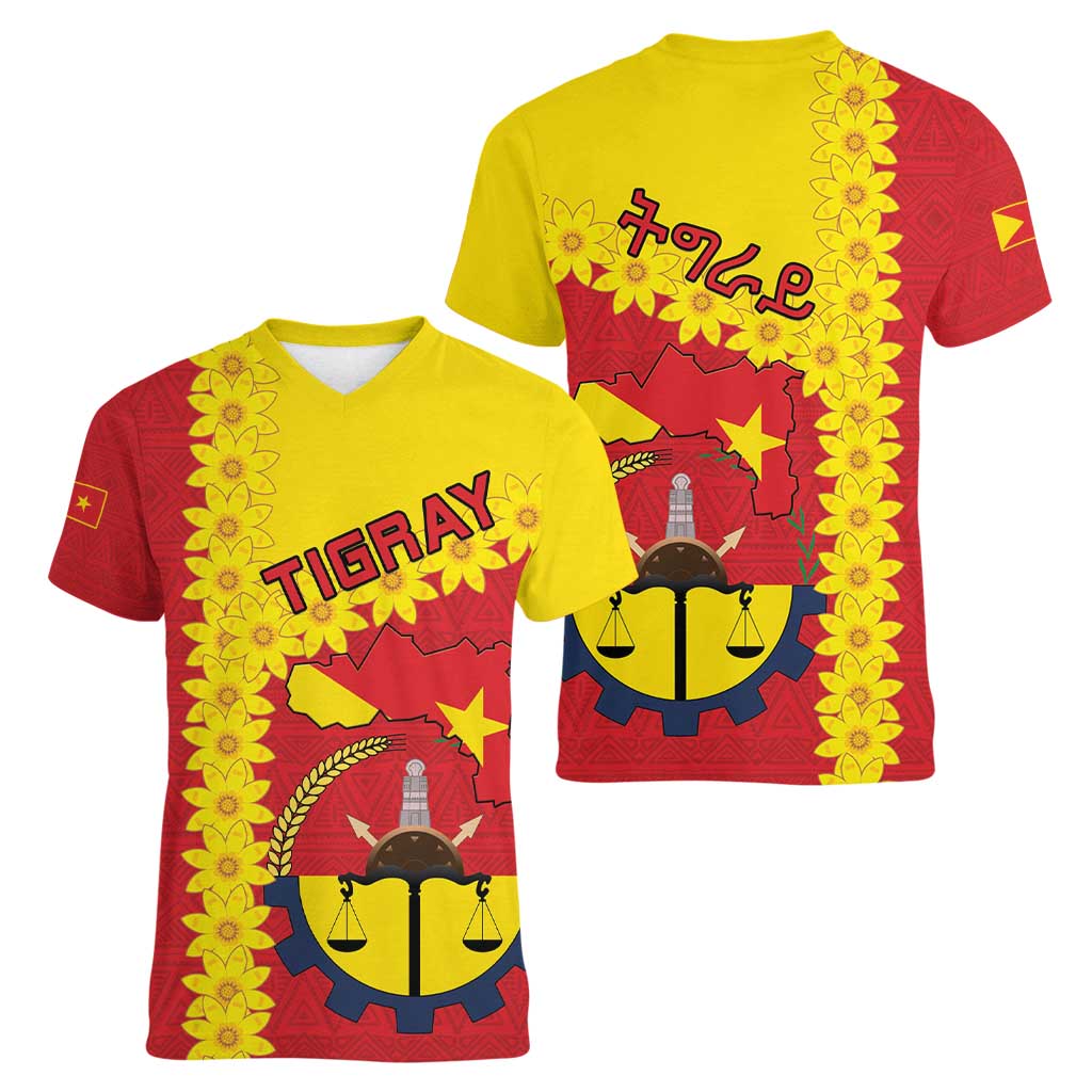 Tigray Region Women V-Neck T-Shirt Tigray Emblem With Flag Map