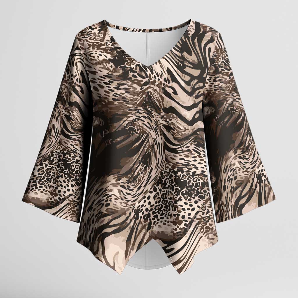 African Safari Zebra Leopard Swirl Pattern Kimono Sleeve Blouse