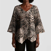 African Safari Zebra Leopard Swirl Pattern Kimono Sleeve Blouse