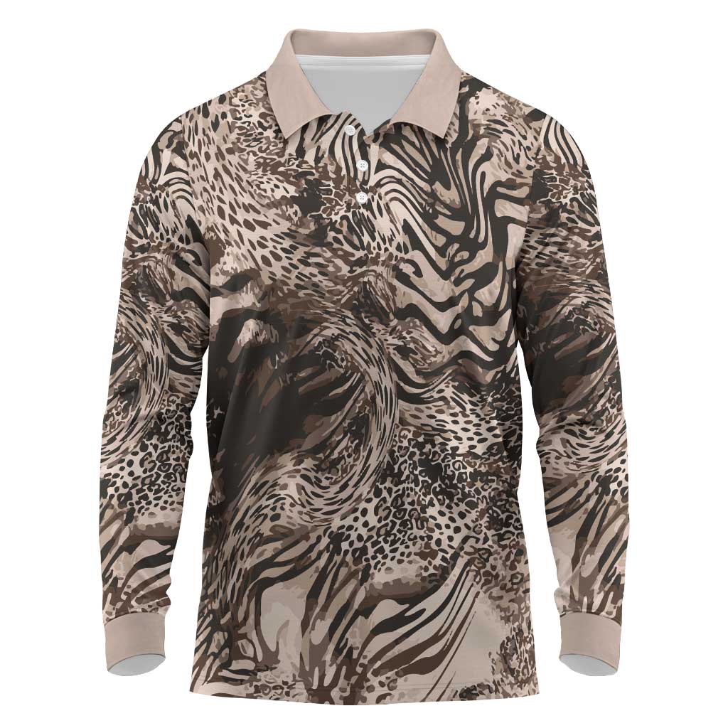 African Safari Zebra Leopard Swirl Pattern Long Sleeve Polo Shirt