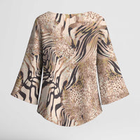African Zebra Leopard Pattern Kimono Sleeve Blouse Sand Taupe Beige
