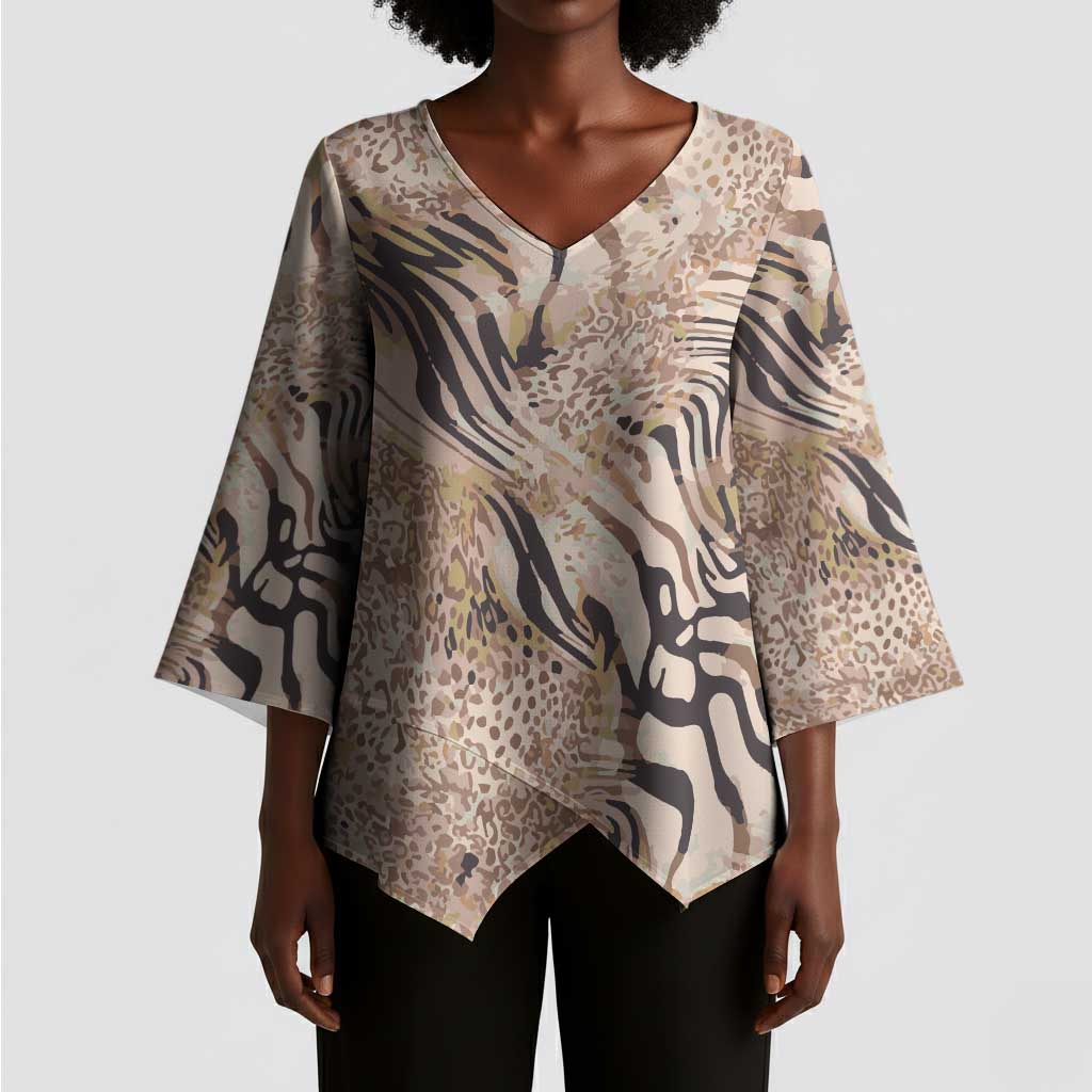 African Zebra Leopard Pattern Kimono Sleeve Blouse Sand Taupe Beige