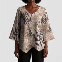 African Zebra Leopard Pattern Kimono Sleeve Blouse Sand Taupe Beige