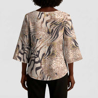 African Zebra Leopard Pattern Kimono Sleeve Blouse Sand Taupe Beige