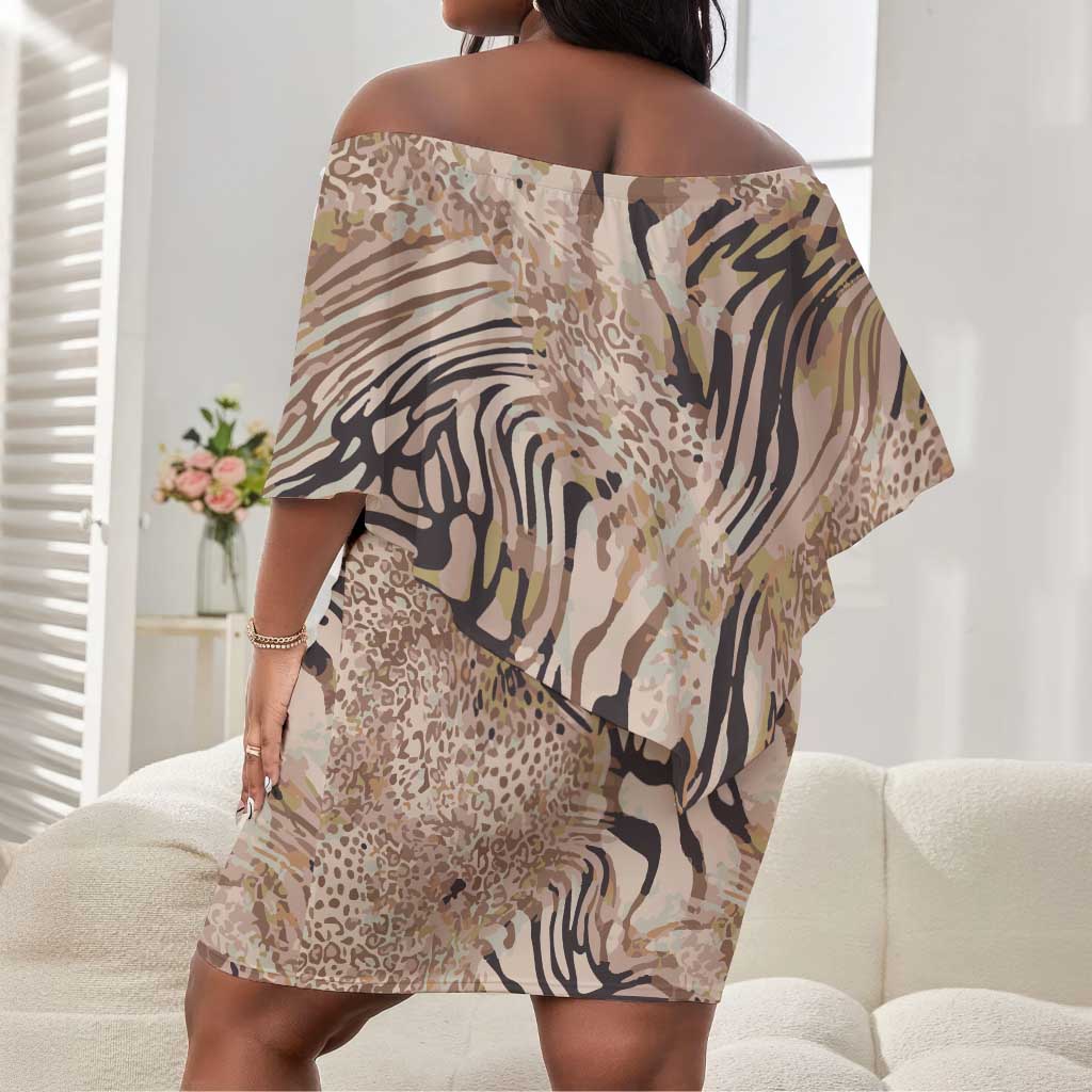 African Zebra Leopard Pattern Off Shoulder Short Dress Sand Taupe Beige