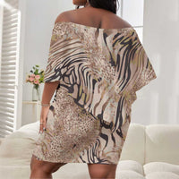 African Zebra Leopard Pattern Off Shoulder Short Dress Sand Taupe Beige
