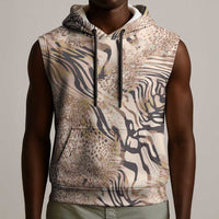 African Zebra Leopard Pattern Sleeveless Hoodie Sand Taupe Beige