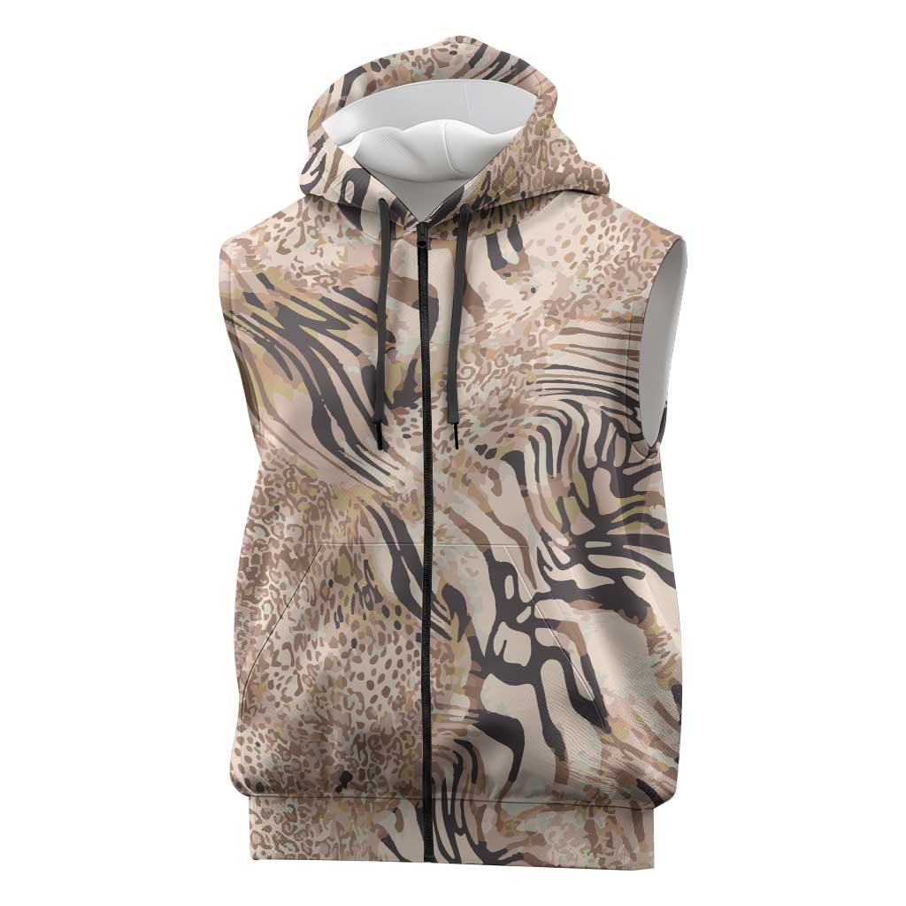 African Zebra Leopard Pattern Sleeveless Zip Hoodie Sand Taupe Beige