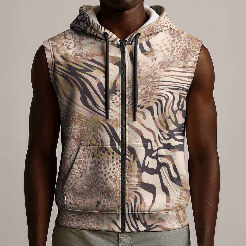 African Zebra Leopard Pattern Sleeveless Zip Hoodie Sand Taupe Beige