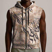 African Zebra Leopard Pattern Sleeveless Zip Hoodie Sand Taupe Beige