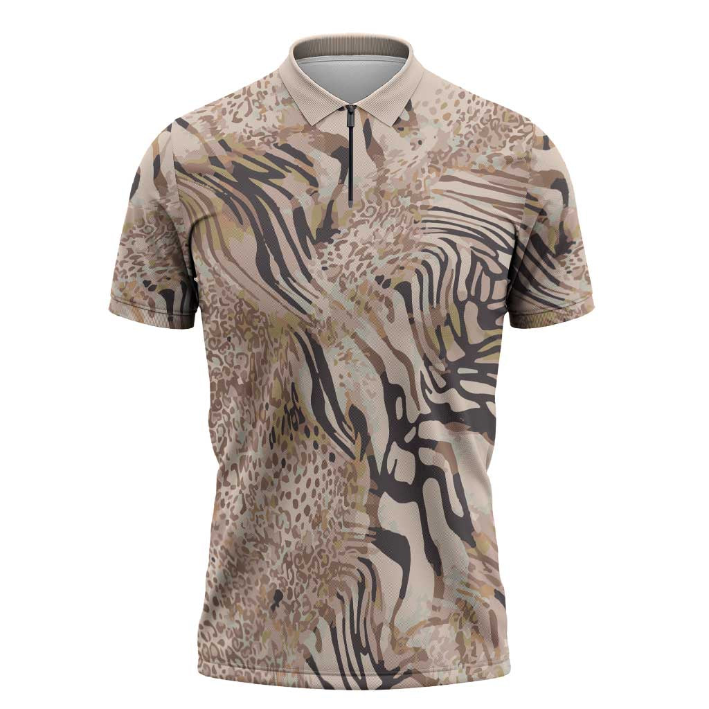 African Zebra Leopard Pattern Zipper Polo Shirt Sand Taupe Beige