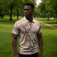 African Zebra Leopard Pattern Zipper Polo Shirt Sand Taupe Beige