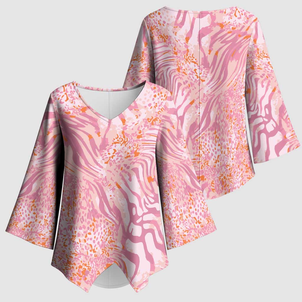 African Zebra Leopard Pattern Kimono Sleeve Blouse Blush Savannah
