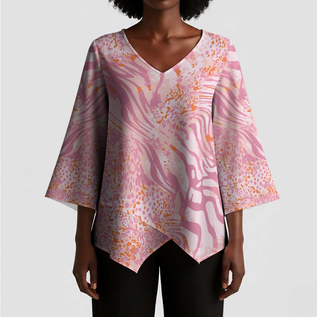 African Zebra Leopard Pattern Kimono Sleeve Blouse Blush Savannah