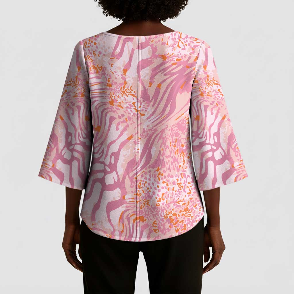 African Zebra Leopard Pattern Kimono Sleeve Blouse Blush Savannah
