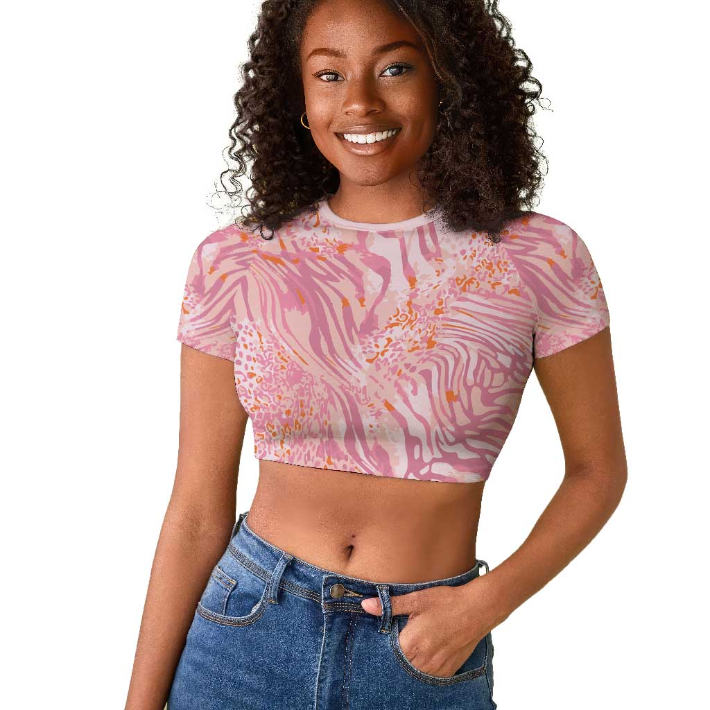 African Zebra Leopard Pattern Raglan Cropped T shirt Blush Savannah