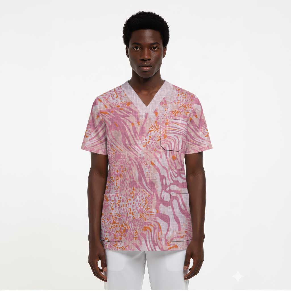 African Zebra Leopard Pattern Scrub Top Blush Savannah