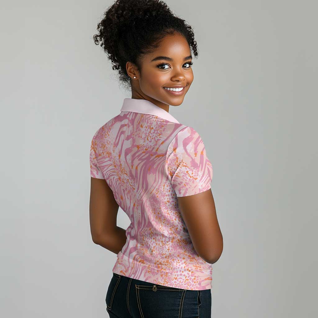 African Zebra Leopard Pattern Women Polo Shirt Blush Savannah
