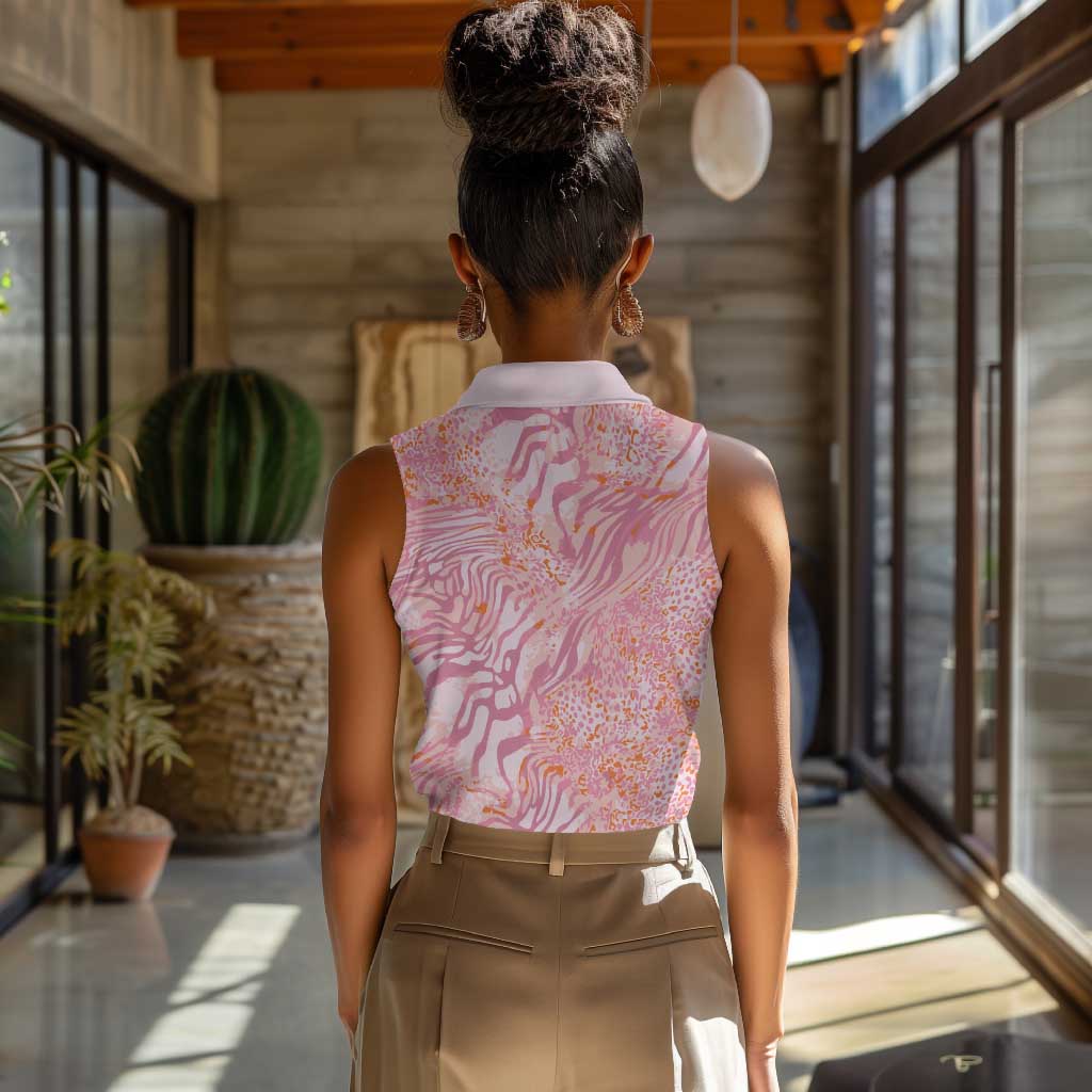 African Zebra Leopard Pattern Women Sleeveless Polo Shirt Blush Savannah