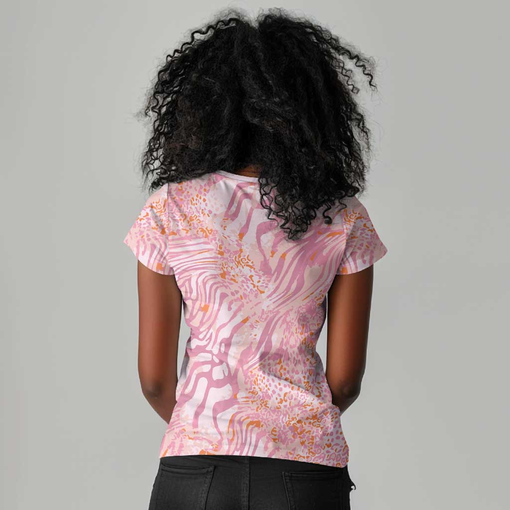 African Zebra Leopard Pattern Women V-Neck T-Shirt Blush Savannah