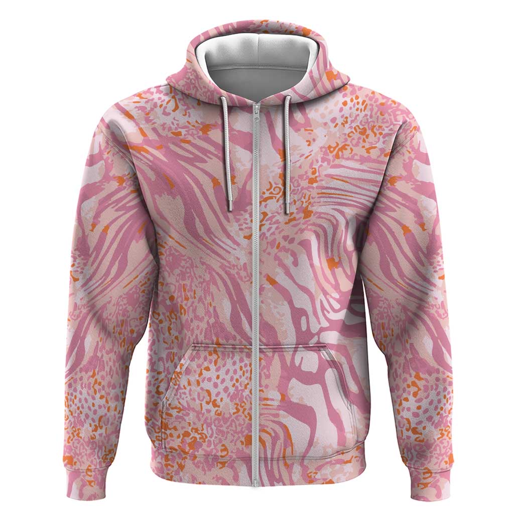 African Zebra Leopard Pattern Zip Hoodie Blush Savannah