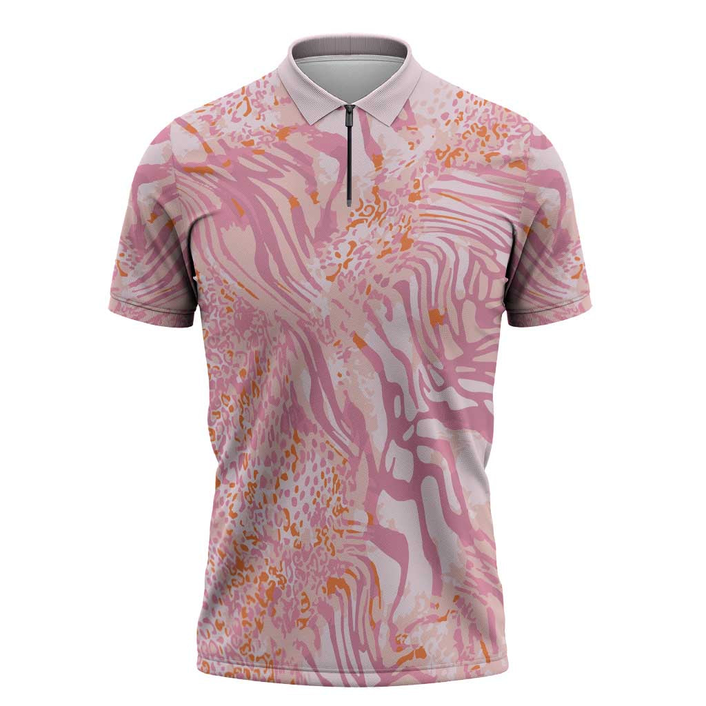 African Zebra Leopard Pattern Zipper Polo Shirt Blush Savannah