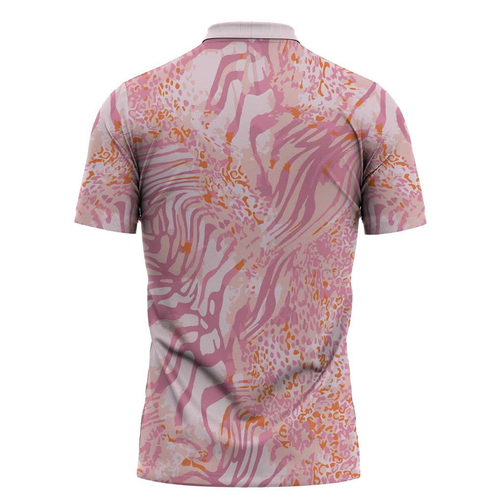 African Zebra Leopard Pattern Zipper Polo Shirt Blush Savannah