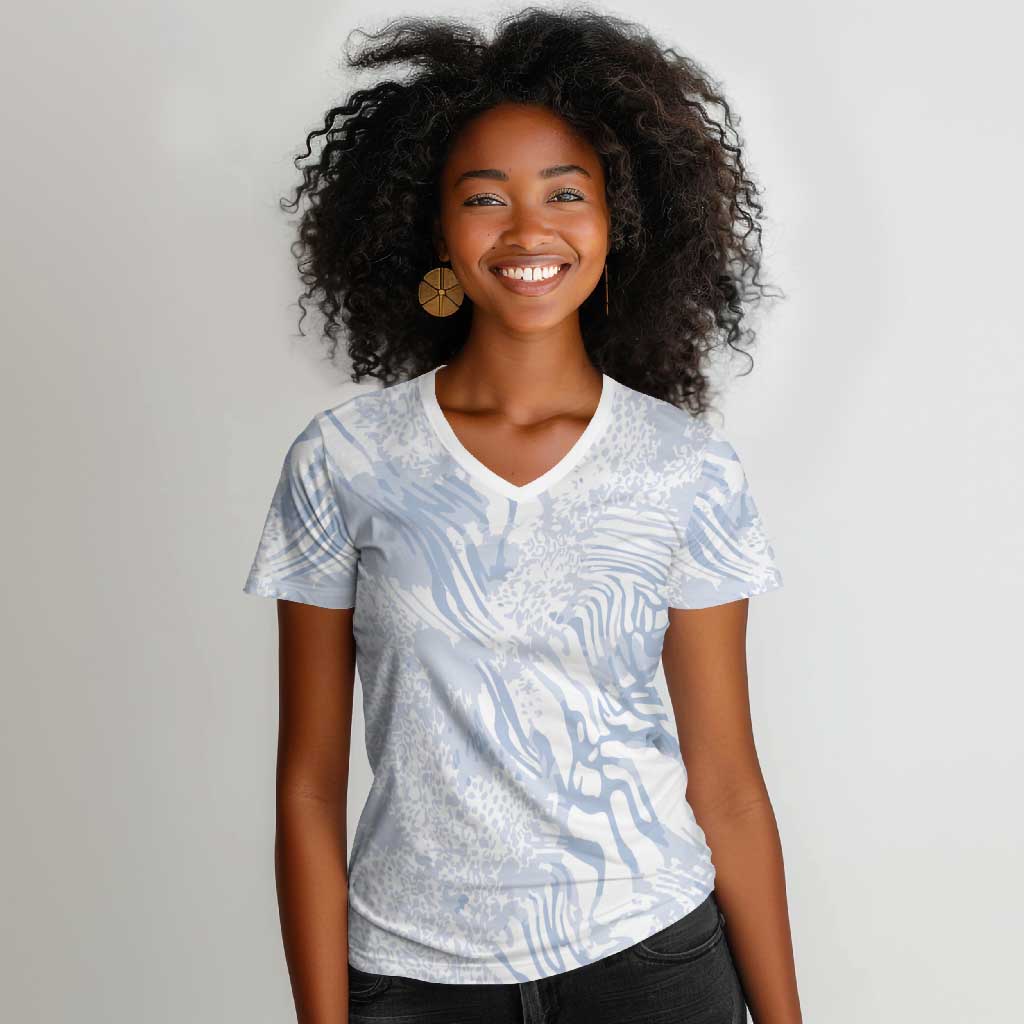 African Zebra Leopard Pattern Women V-Neck T-Shirt Sky Savannah