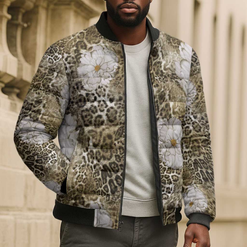 African Leopard Floral Pattern Bomber Puffer Jacket Sahara Pearl
