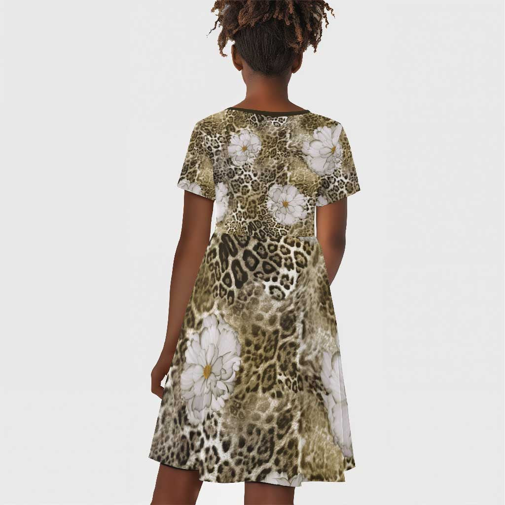 African Leopard Floral Pattern Kid Short Sleeve Dress Sahara Pearl