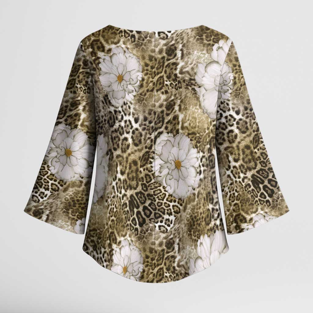 African Leopard Floral Pattern Kimono Sleeve Blouse Sahara Pearl