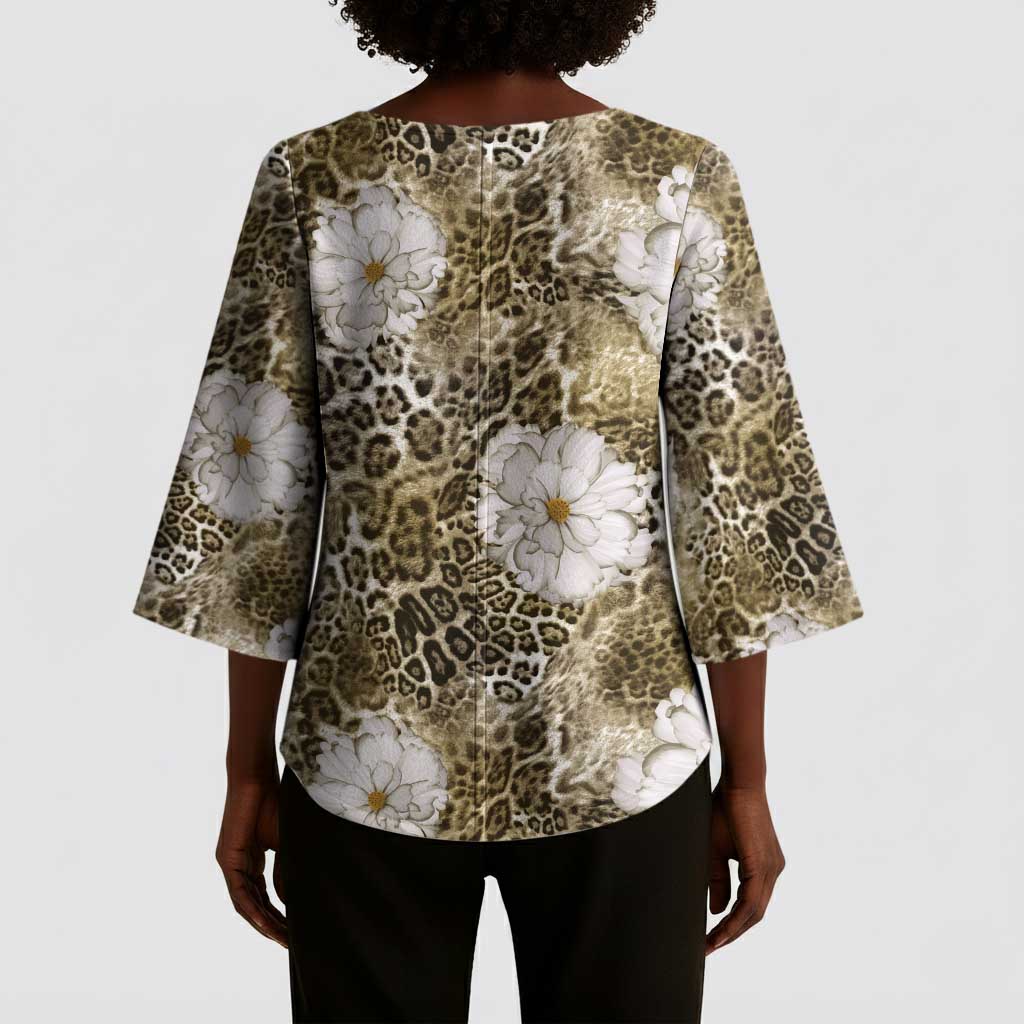 African Leopard Floral Pattern Kimono Sleeve Blouse Sahara Pearl