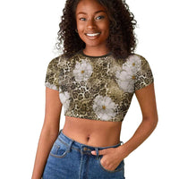 African Leopard Floral Pattern Raglan Cropped T shirt Sahara Pearl