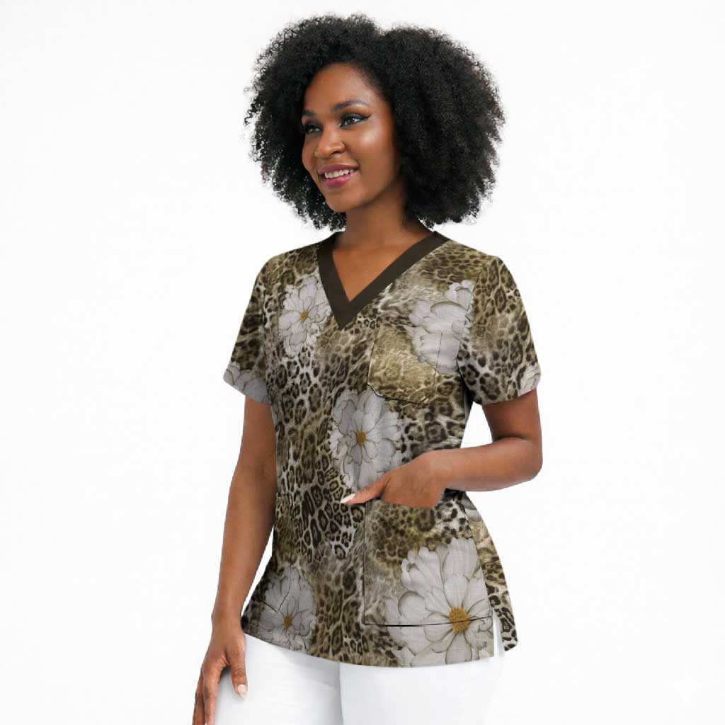 African Leopard Floral Pattern Scrub Top Sahara Pearl