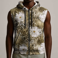 African Leopard Floral Pattern Sleeveless Zip Hoodie Sahara Pearl