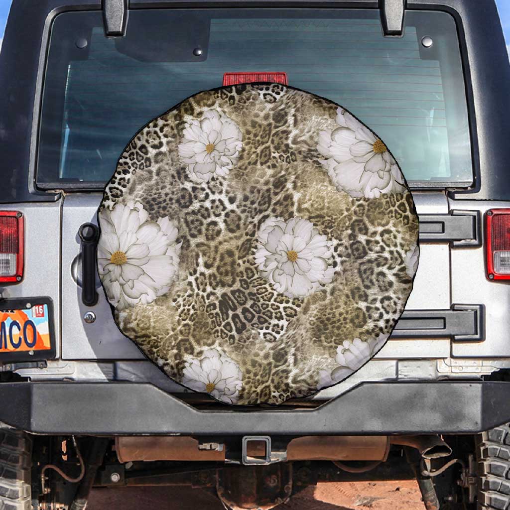 African Leopard Floral Pattern Spare Tire Cover Sahara Pearl