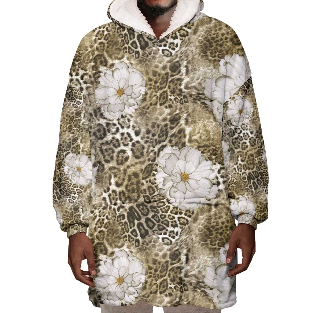 African Leopard Floral Pattern Wearable Blanket Hoodie Sahara Pearl