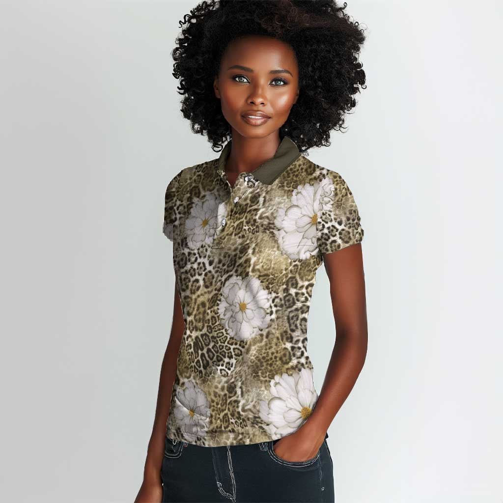 African Leopard Floral Pattern Women Polo Shirt Sahara Pearl