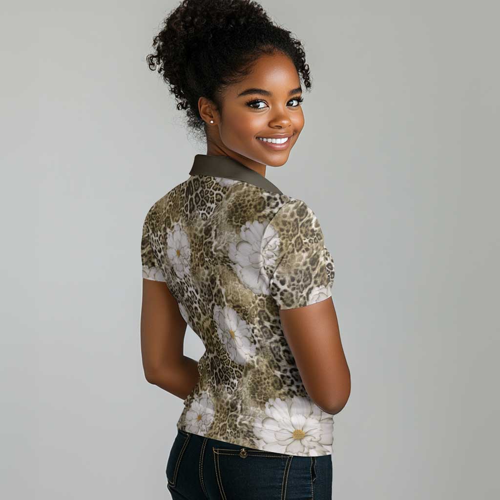 African Leopard Floral Pattern Women Polo Shirt Sahara Pearl