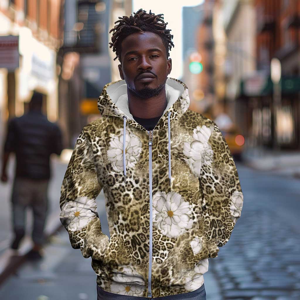 African Leopard Floral Pattern Zip Hoodie Sahara Pearl