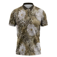 African Leopard Floral Pattern Zipper Polo Shirt Sahara Pearl