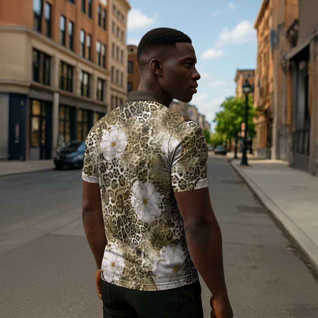 African Leopard Floral Pattern Zipper Polo Shirt Sahara Pearl