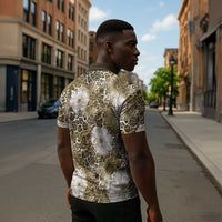 African Leopard Floral Pattern Zipper Polo Shirt Sahara Pearl