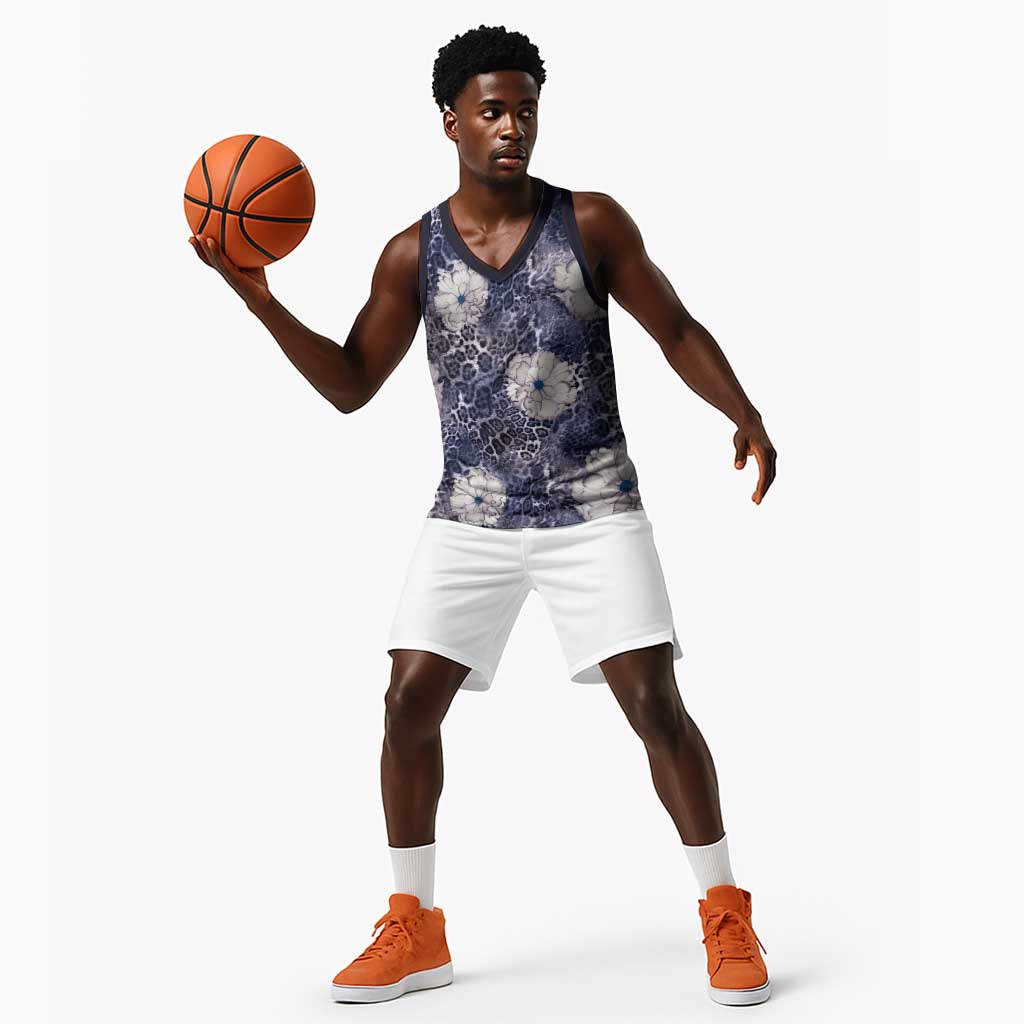African Leopard Floral Pattern Basketball Jersey Nile Indigo