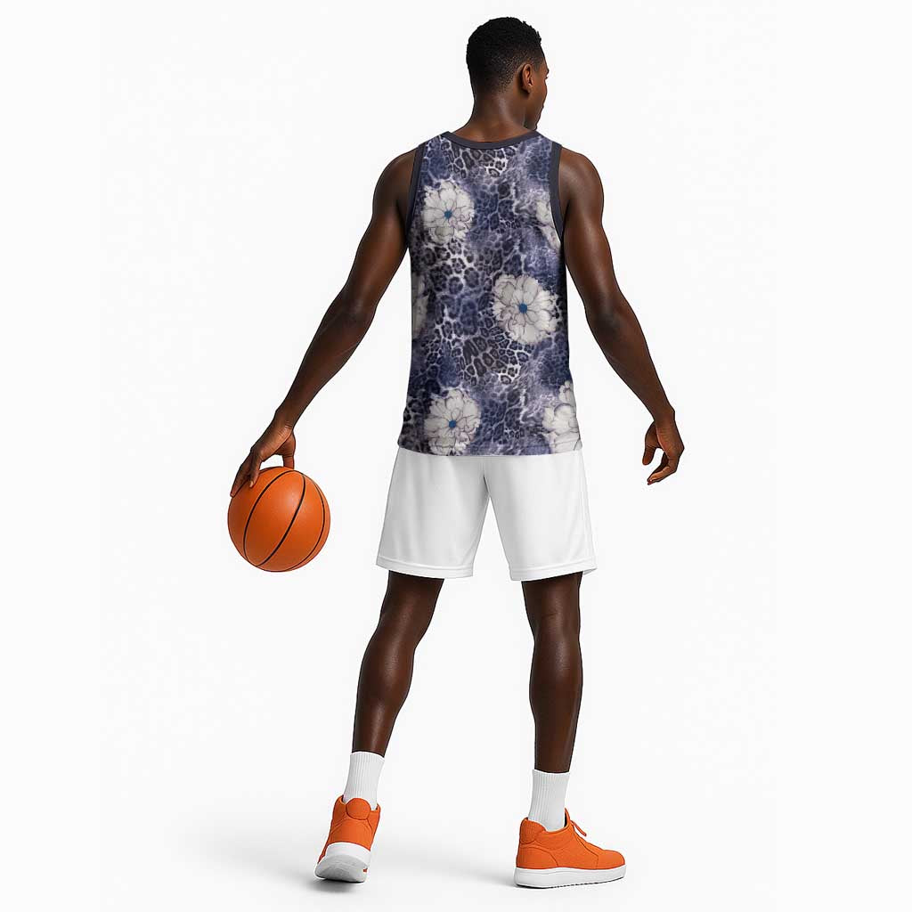 African Leopard Floral Pattern Basketball Jersey Nile Indigo